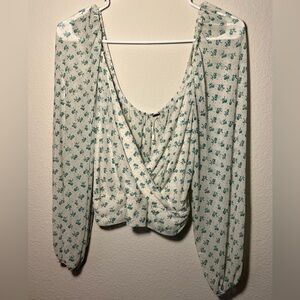 Free People Cream and Green Floral Blouse